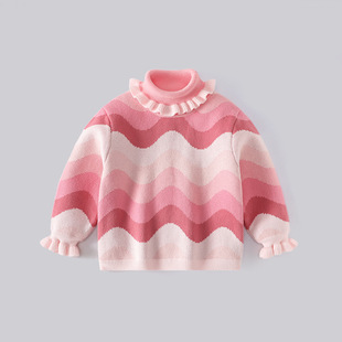 Autumn and Winter Girls' Turtleneck Sweater Korean-style Gradient Lace Base Shirt Warm Top Women's Treasure Double-layer Knit Sweater