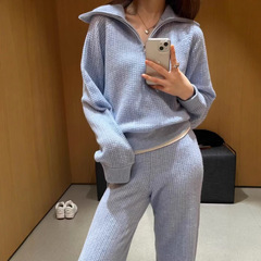 现货Alo针织华夫格套装简约松弛感半拉链翻领上衣+休闲裤两件套装