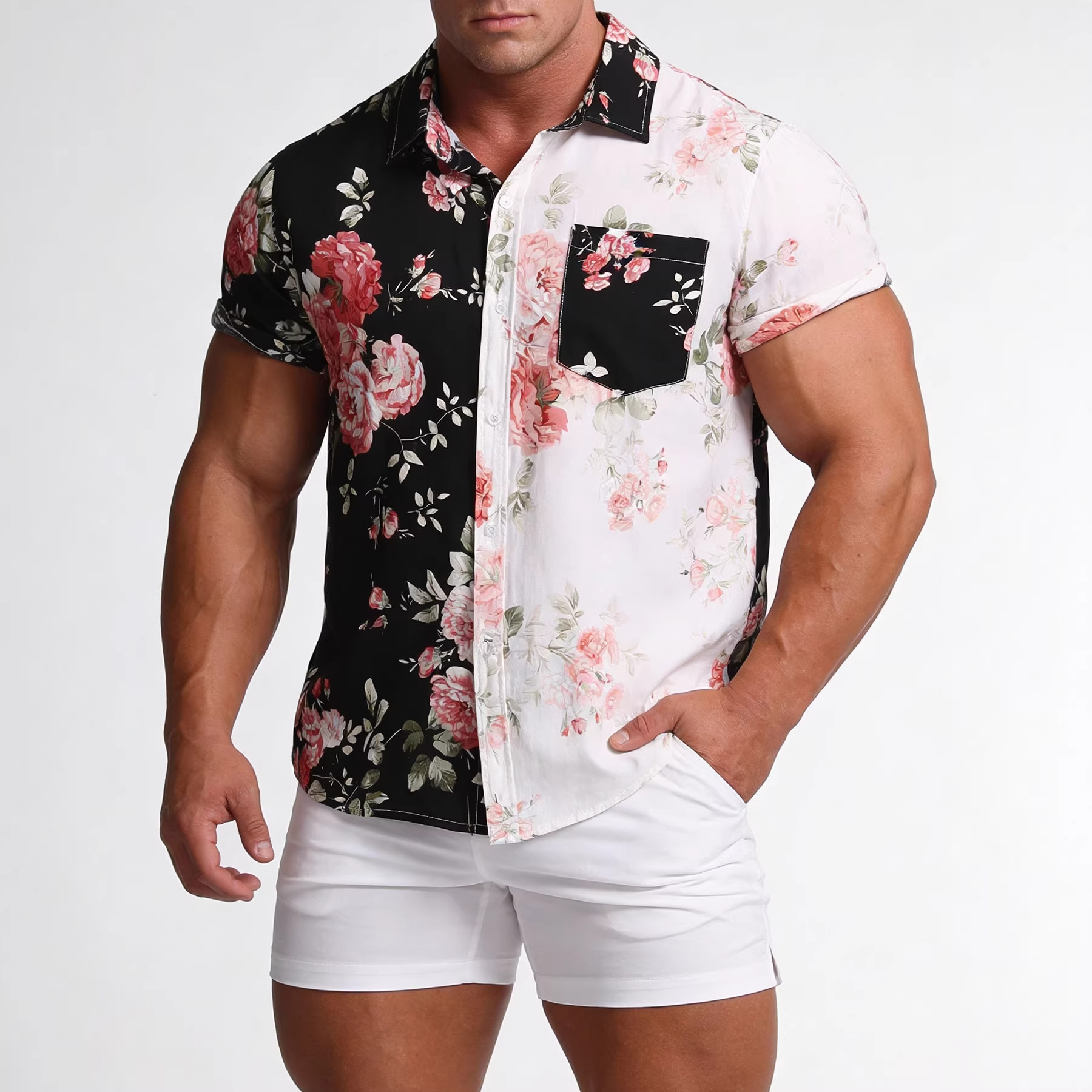 2024 Summer New Arrival Men's Floral Patchwork Short-Sleeve Shirt (Foreign Trade Dropshipping, eBay, AliExpress, Amazon)