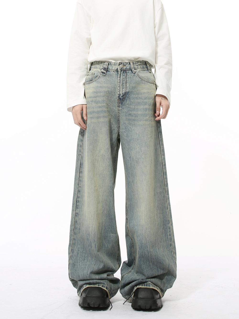 MTLCLOTHES Hombres| Meichao limpio fit nostálgico azul claro simple blanco molido suelto lavados jeans