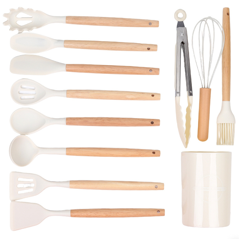 Cocina de cocina transfronteriza de silicona con mango de madera 12 piezas para cocinar cocina antiadherente olla de silicona cuchara colador pala nuevo