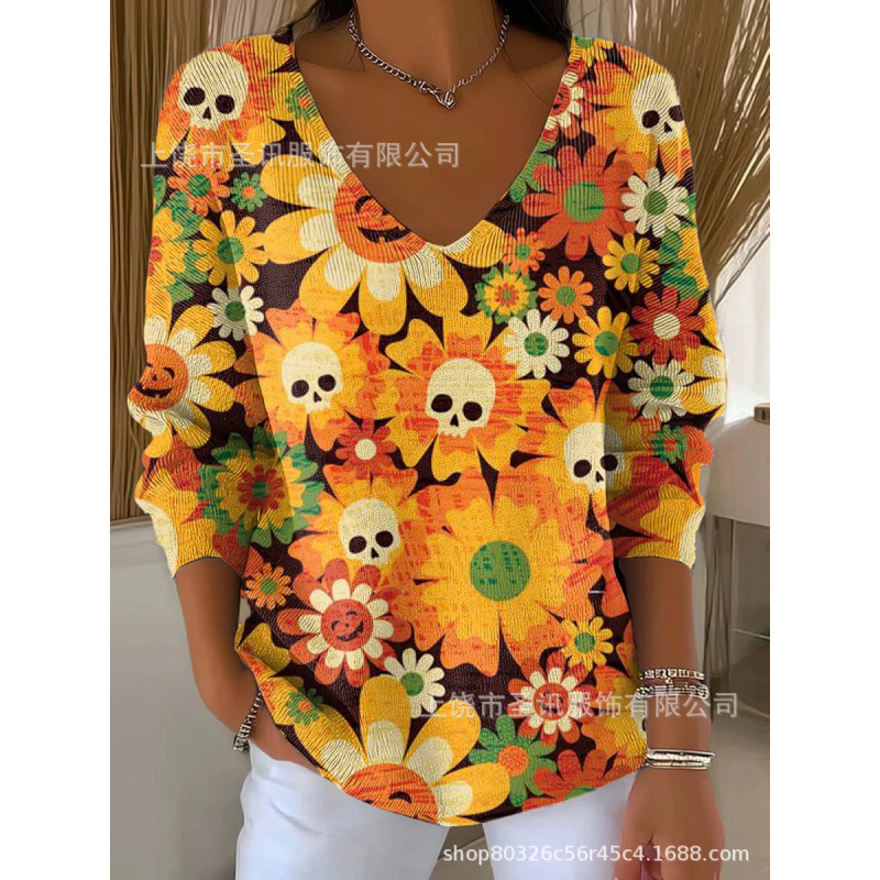 欧美跨境独立站新款3D印花女士时尚渐变色V领长袖T恤上衣|undefined