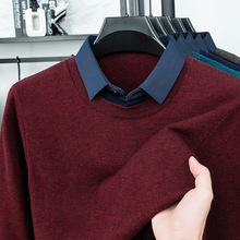 羊毛衫男100纯羊毛450g加厚休闲衬衫领保暖假两件柔软套头毛衣男