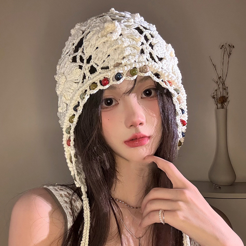 エスニックスタイルかぎ針編みビーズプルオーバー帽子女性のための夏のタッセルストラップニット帽子レトロ文学中空つば帽子|undefined