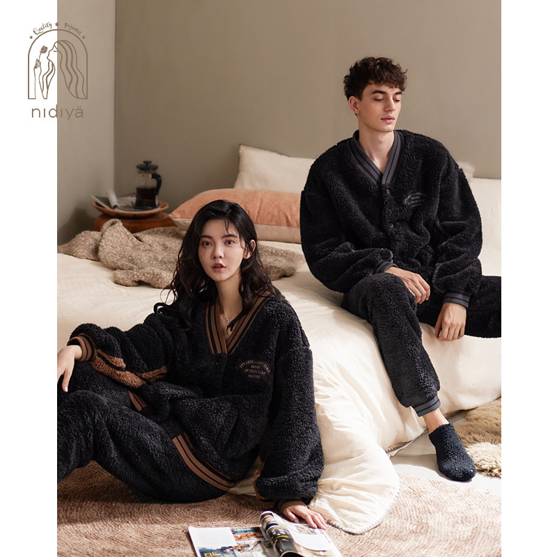 Nidiya couple pajamas women's winter coral fleece long sleeve warm men's casual outerwear baseball uniform home wear suit
