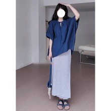 韩系简约通勤慵懒风穿搭蓝色宽松中袖衬衫上衣系带包臀半身裙套装