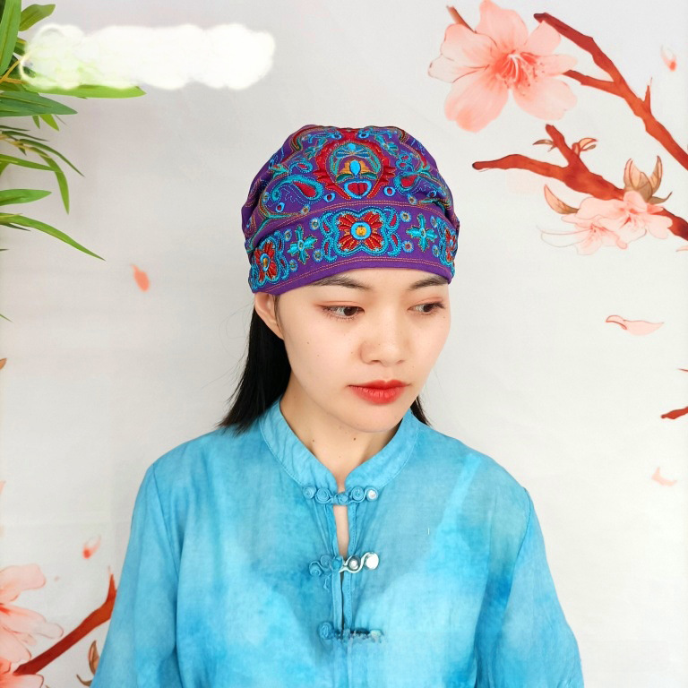 Chapeau haut de forme vide en toile brodée de style ethnique pour femmes, foulard élastique réglable pour voyage et photo_voghion.com