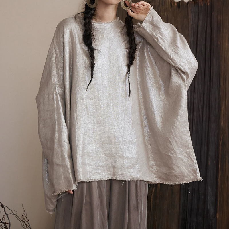 Owis Galaxy All-Linen Silver-Embossed Fringe Hem Loose-Fitting Drop-Shoulder Curved Hem Casual Top Loose Fit