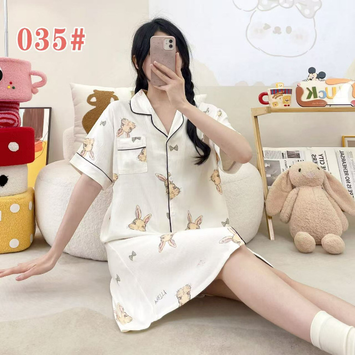 Pijama de verano de manga corta cardigan con solapa impresión de dibujos animados nubes de algodón dulce suelto medio largo vestido transfronterizo