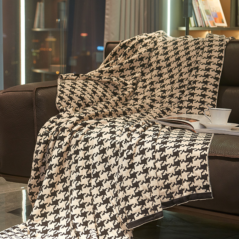 Yutu Textile Knitted Black and White Houndstooth Blanket Pure Cotton Blanket Quilt Nap Blanket Single Air Conditioning Blanket Sofa Blanket