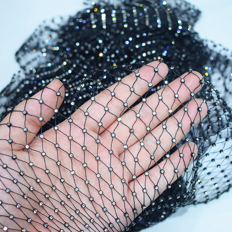 渔网钻面料可拉伸排钻镂空上衣钻石网眼布服装辅料水钻弹力网线钻