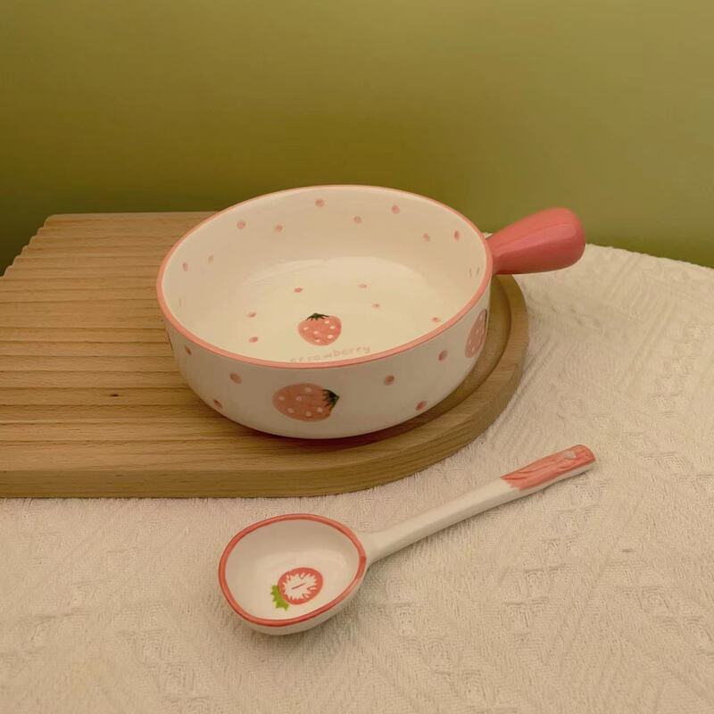 電子レンジ対応皿とボウル 北欧風皿ハンドル イチゴ手描きハンドル 陶器食器 グリルパン 蒸し卵ボウル なし|undefined
