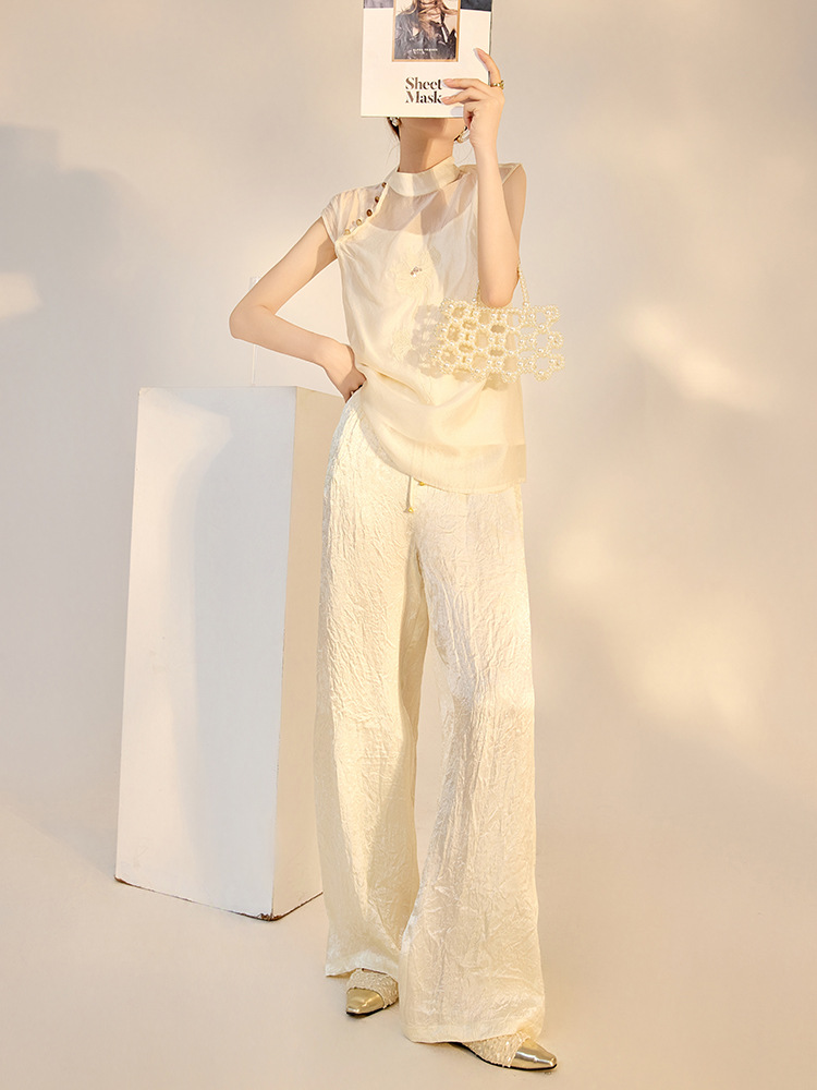 Quần culottes nữ ống rộng chất acetate phong cách Trung Quốc mới — Màu vàng, Màu hồng, Màu trắng
