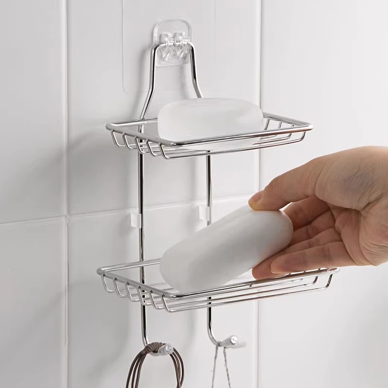 Thickened Stainless Steel Double-Layer Soap Holder, No-Drill Wall-Mounted Draining Soap Box, Bathroom Traceless Adhesive Storage Rack