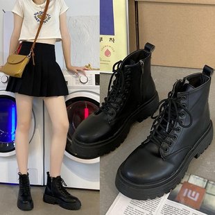 Black front lace-up Martin boots for women 2020 Autumn New ins thick bottom height increasing ankle boots thin boots