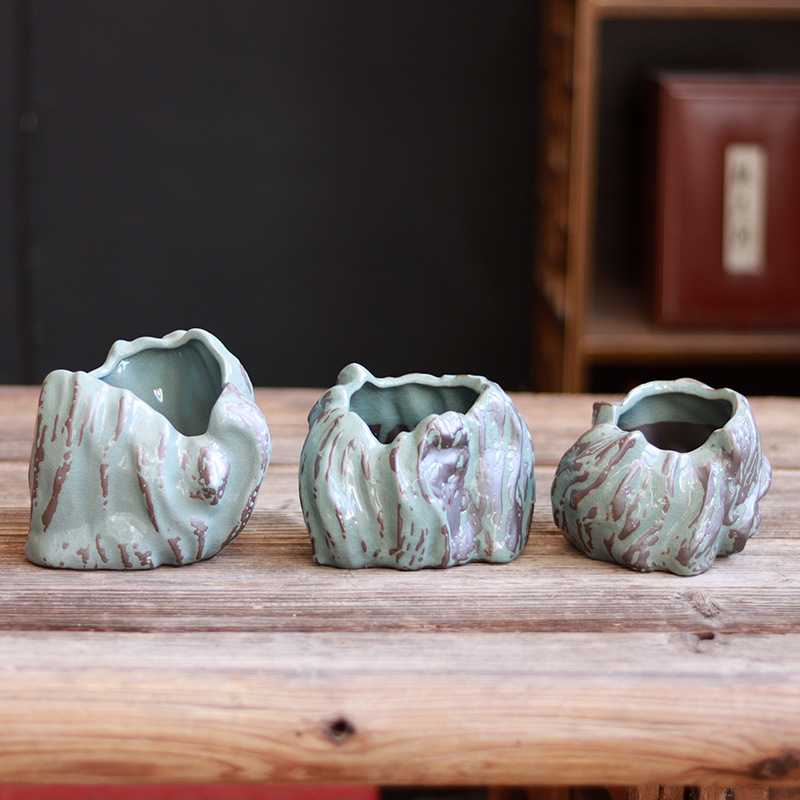 New Style Ceramic Flower Pot Vintage Stoneware Imitation Stone Fleshy Potted Plant Utensils Household Gardening Plain Burning Breathable Small Flower Pot