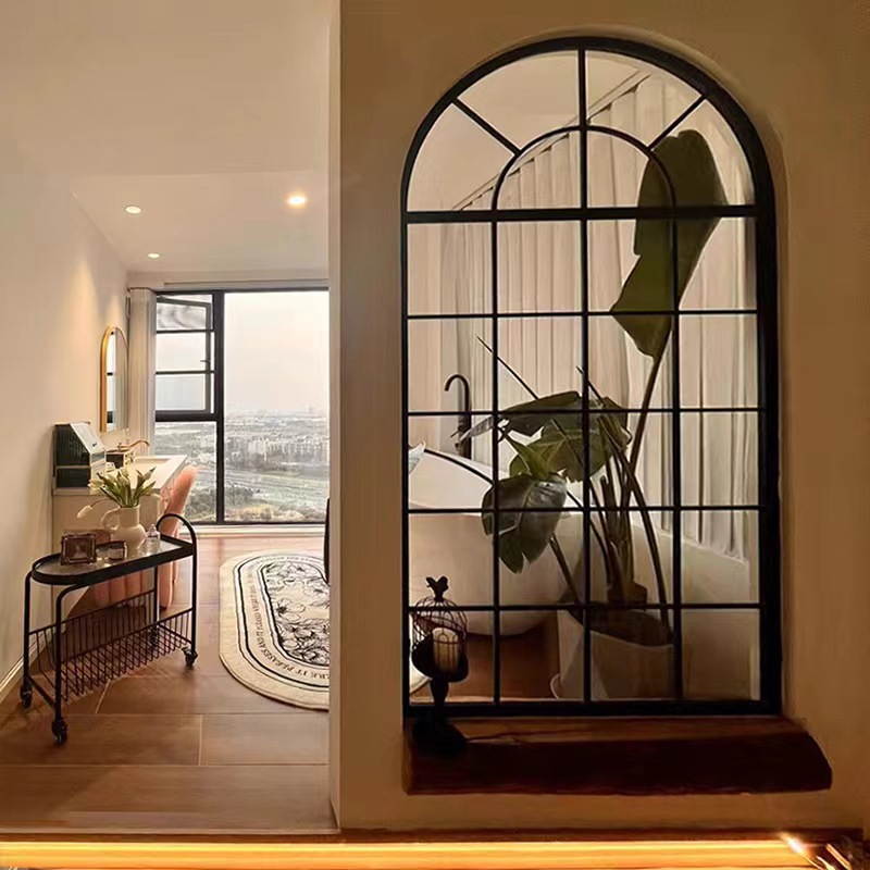 French-Style Vintage Wrought Iron Real Window Wall Decoration Arch-Shaped Fake Window Wall Decoration Screen Partition Long Rainbow Glass Entrance