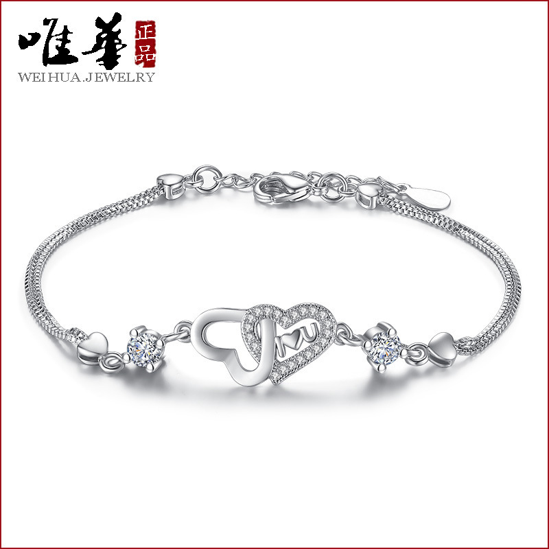 Silver Plated Heart Bracelet with Zircon Stones for Women