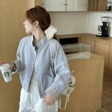 宽松显夹克上衣女设计休闲袖口条纹拼接立领短外套2025春秋新款