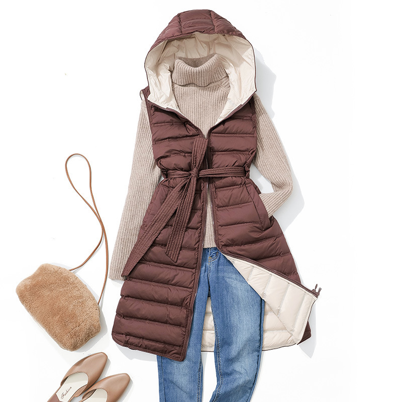 Youjia Clothing Seamless Fabric Autumn and Winter New Lightweight down Vest Women's Long Hooded Over-The-Knee Waist Slim Contrast Color