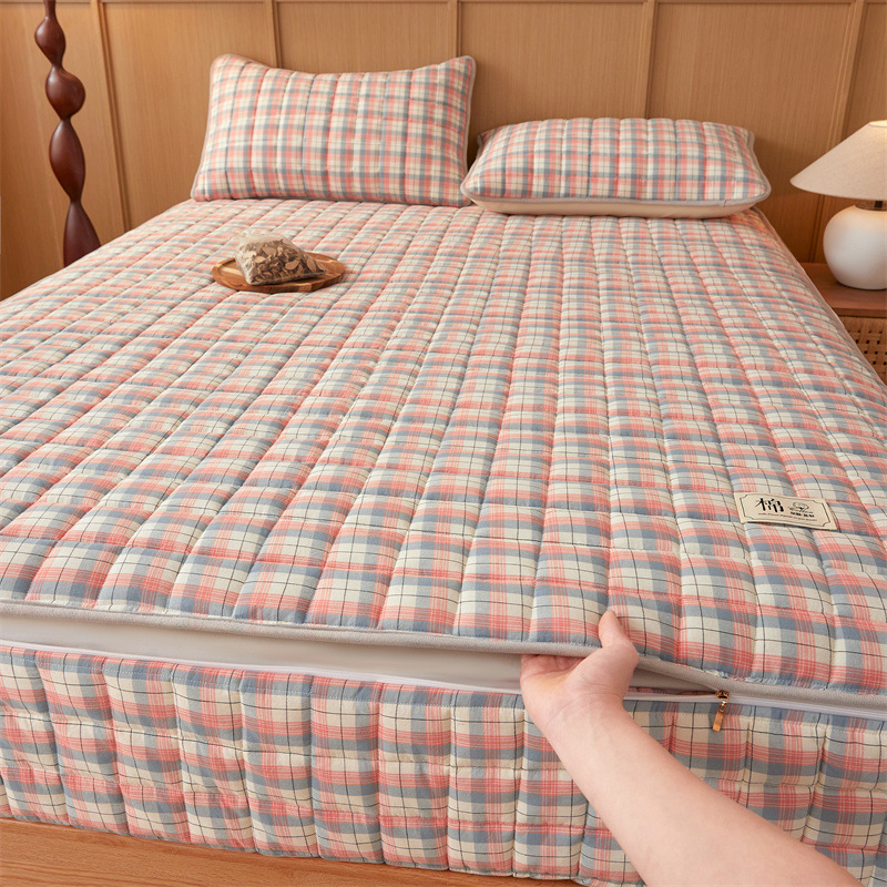 Japanese-Style Muji All-Cotton Washed Cotton Quilted Six-Sided Fully Enclosed Fitted Sheet Pure Cotton Removable Mattress Protector