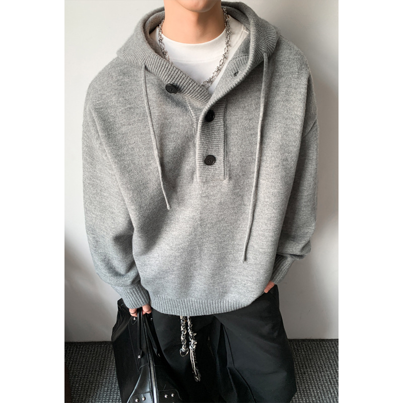 Gray American Retro Hooded Knitwear Men's Winter Thickeneded Lazy Style Knitwear Heavy Inner Sweatshirt Jacket