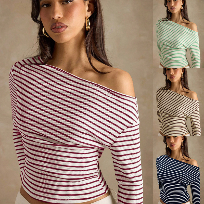 2026 European and American Cross-Border Women's Clothing Amazon Tk Autumn Fashion Casual Striped Off-Shoulder Long-Sleeve T-Shirt for Women in Stock
