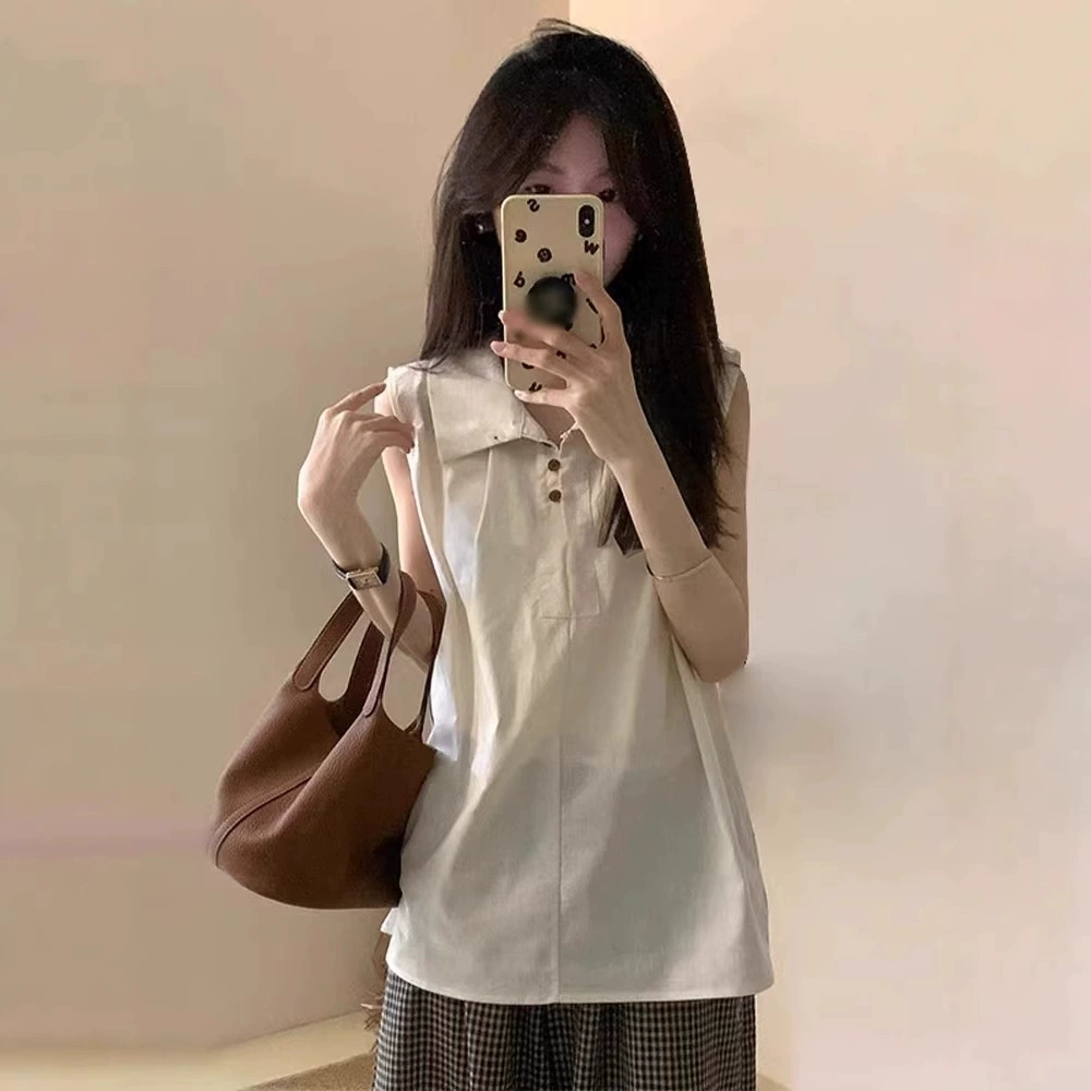 Женская летняя рубашка-поло без рукавов в французском стиле, новая модель 2025 года, утягивающая, модная