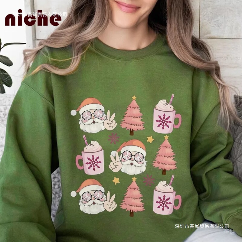 Women's Cotton Sweatshirt Sweater Christmas Style Santa Claus Pine Graphic Print Chic Loose Shoulder New Trend Crew