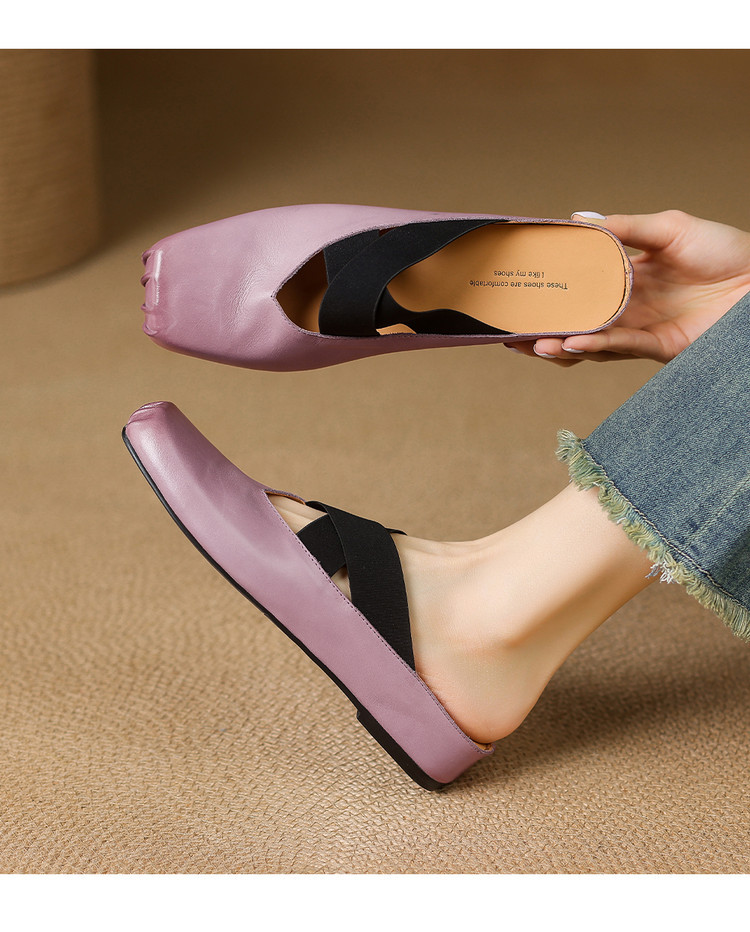 Giày búp bê mũi vuông retro da ngựa, quai sau hở, dép sandal mới hè — đen chi tiết 9