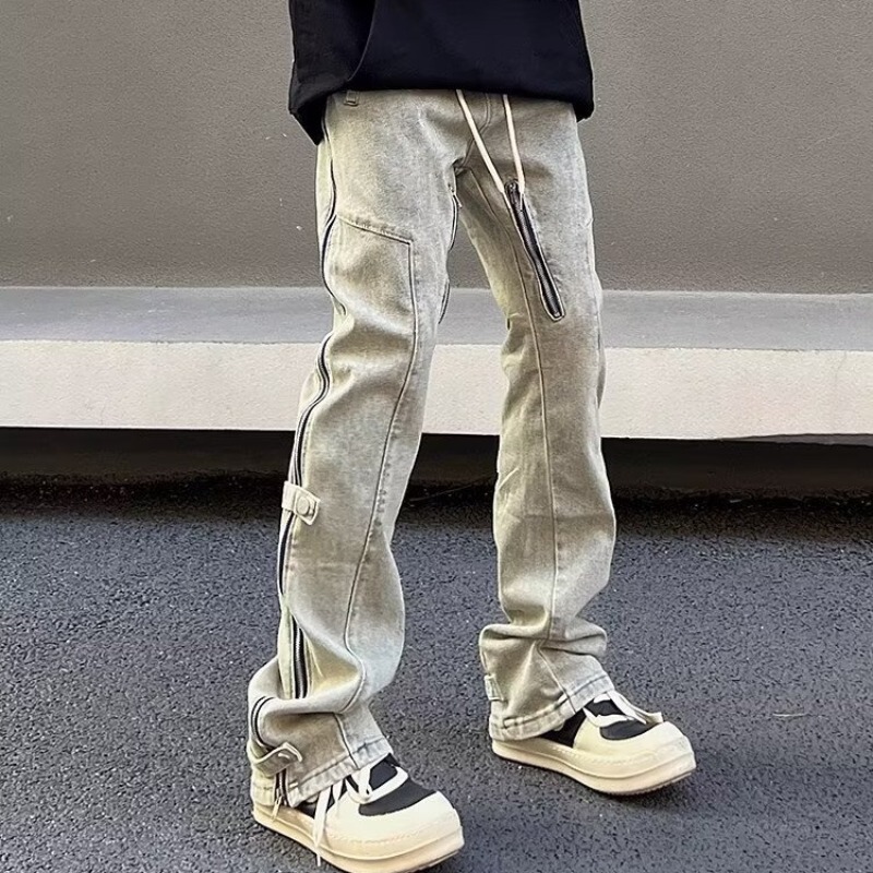 High Street Button-Up Yellow Mud-Colored Jeans with Side Zipper for Men, Vibe Style American Trendy Brand, Loose Straight-Leg Washed Split Hem Long Pants