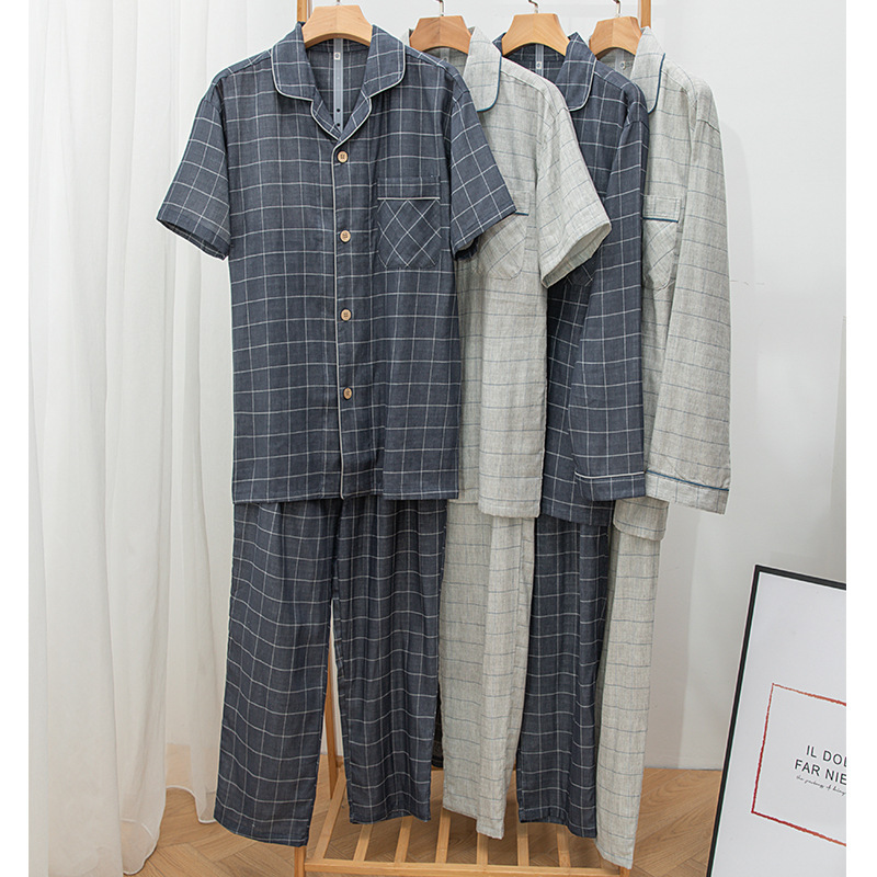 Pure Cotton Unprinted Large Grid Double-Layer Yarn Men's Long and Short-Sleeved Pants Pajamas Home Wear Set Drop Shipping