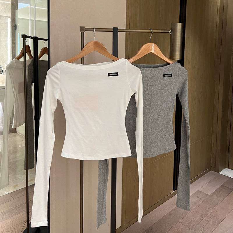 Correct Version 25 New Miu Series Sweet and Spicy Off-Shoulder Pure Cotton Long-Sleeve T-Shirt Slim Fit Soft and Cozy Base Layer Top