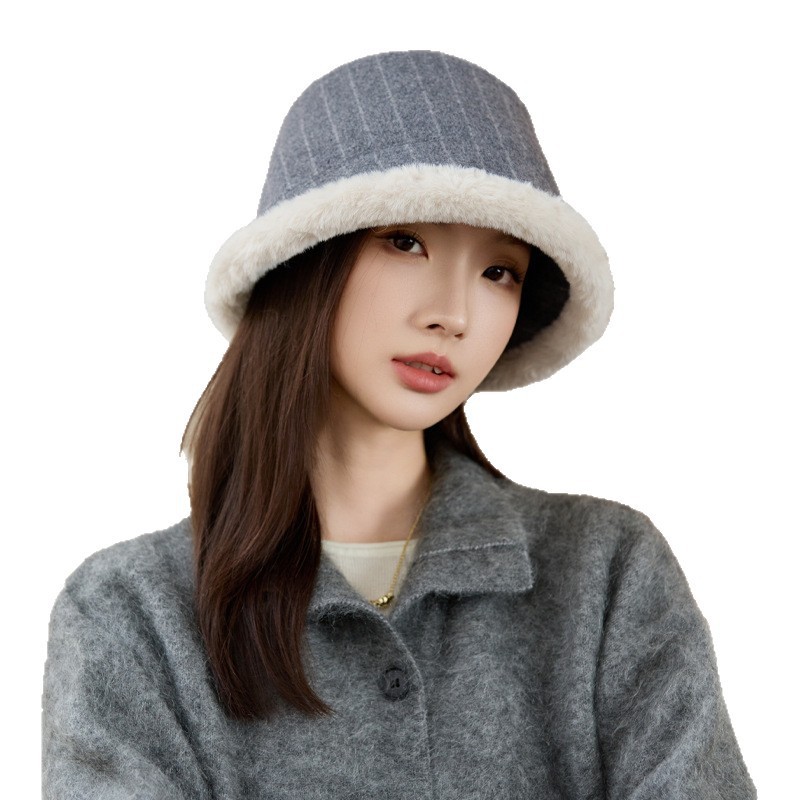 韩系休闲百搭帽子女秋冬季加绒加厚条纹水桶帽显脸小防寒保暖盆帽|undefined