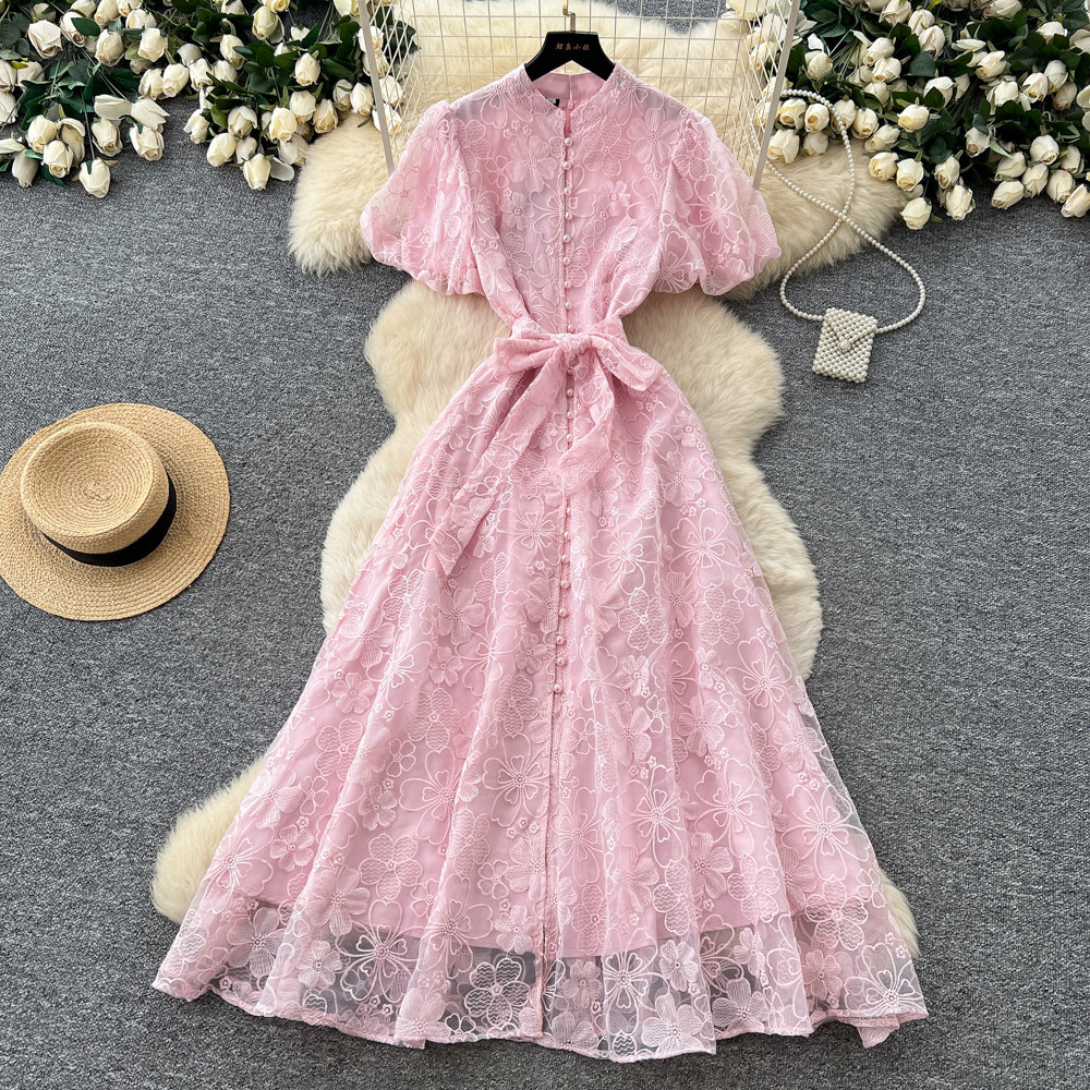 Elegant Lace Embroidered Dress for Women High-Waisted A-Line Skirt Summer Suitable for Commuting And Banquets_ecoleips.com