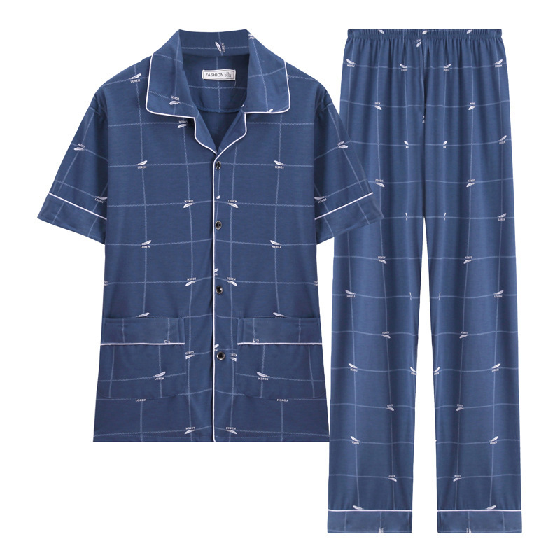 100% pijamas de algodón de manga larga de los hombres sueltos más tamaño aguja pequeño collar inverso joven y de mediana edad de primavera y otoño ropa de casa manga corta tejida
