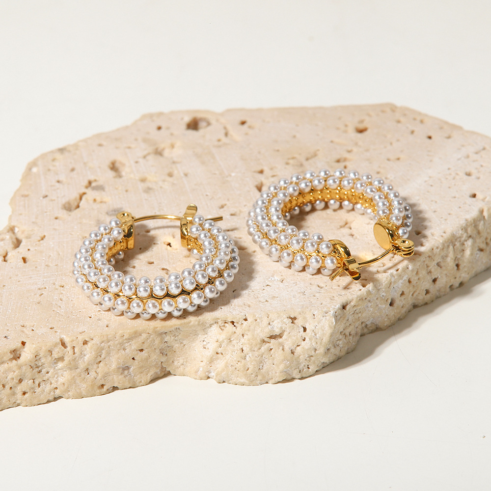 Fashion U Shape Stainless Steel Inlay Pearl Hoop Earrings 1 Pair