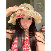 馨帮帮遮阳防晒帽子海边沙滩度假太阳帽蝴蝶结花朵绑带草帽女夏季