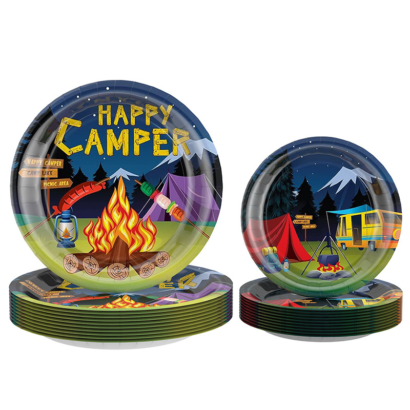 Tema de decoración de fiesta de camping al aire libre transfronterizo Placa de papel desechable atmósfera fiesta suministros Placa de papel traje
