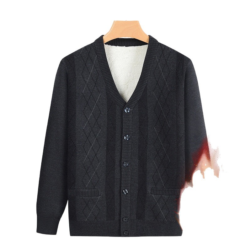 Otoño y invierno nuevo cardigan de manga larga de mediana edad con camiseta de calentamiento de terciopelo cardigan de negocios abrigo de invierno y invierno suéter de punto de hombre