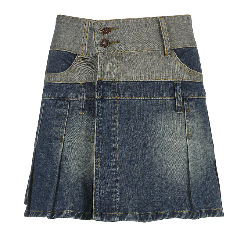 stitching split high waist denim pleated skirt NSSSN132243