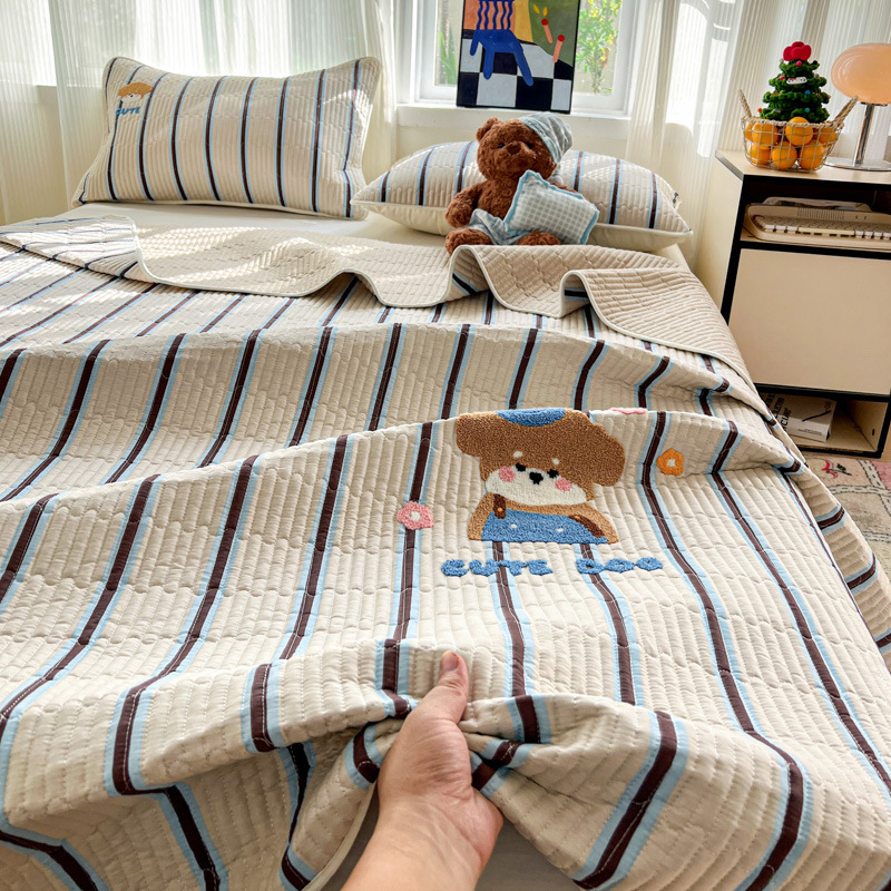 Cotton Cartoon Towel Embroidered Single Bed Cover Pure Cotton Quilted Non-Slip Thickeneded Bed Bed Sheets Tatami Three-Piece Set Universal for All Seasons