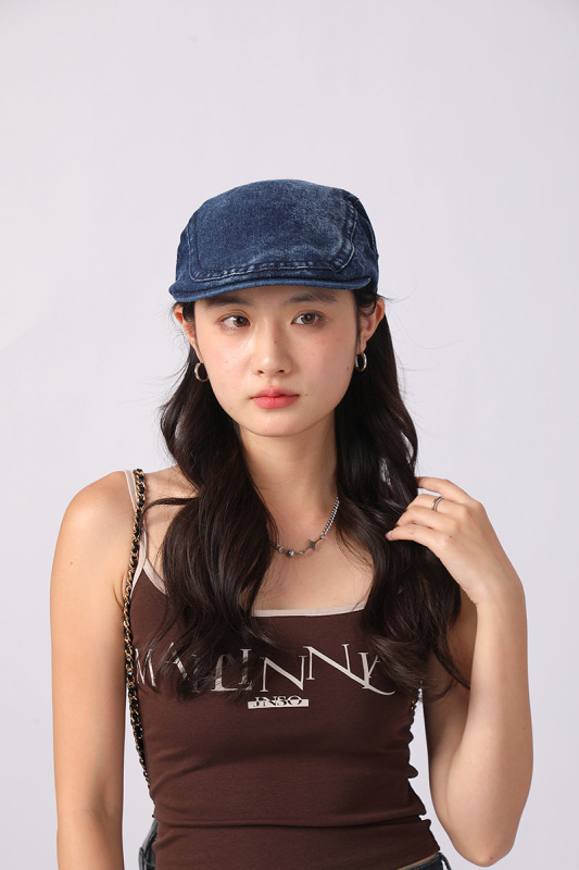 新款牛仔前进帽女复古水洗贝雷帽男时尚休闲百搭帽子四季款画家帽|undefined