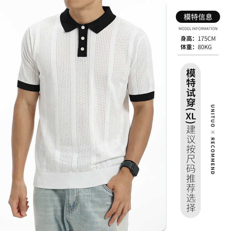 2026 nueva camisa de polo de hielo de punto para hombres con solapa de manga corta de color hueco transpirable casual blusa versátil