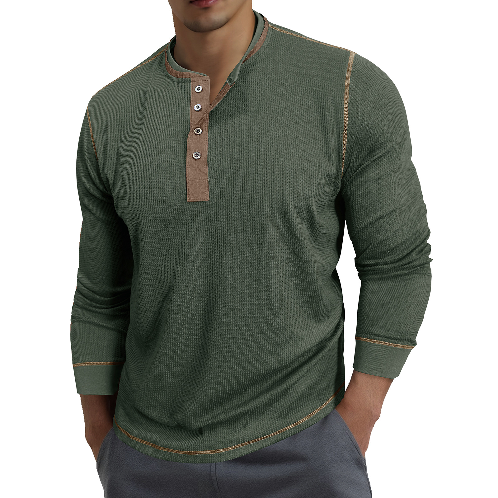 K Men's Round Neck Contrasting Long Sleeved Polo Shirt T-shirt Sweatshirt Retro Base Henley Collar Top_viptrois.com