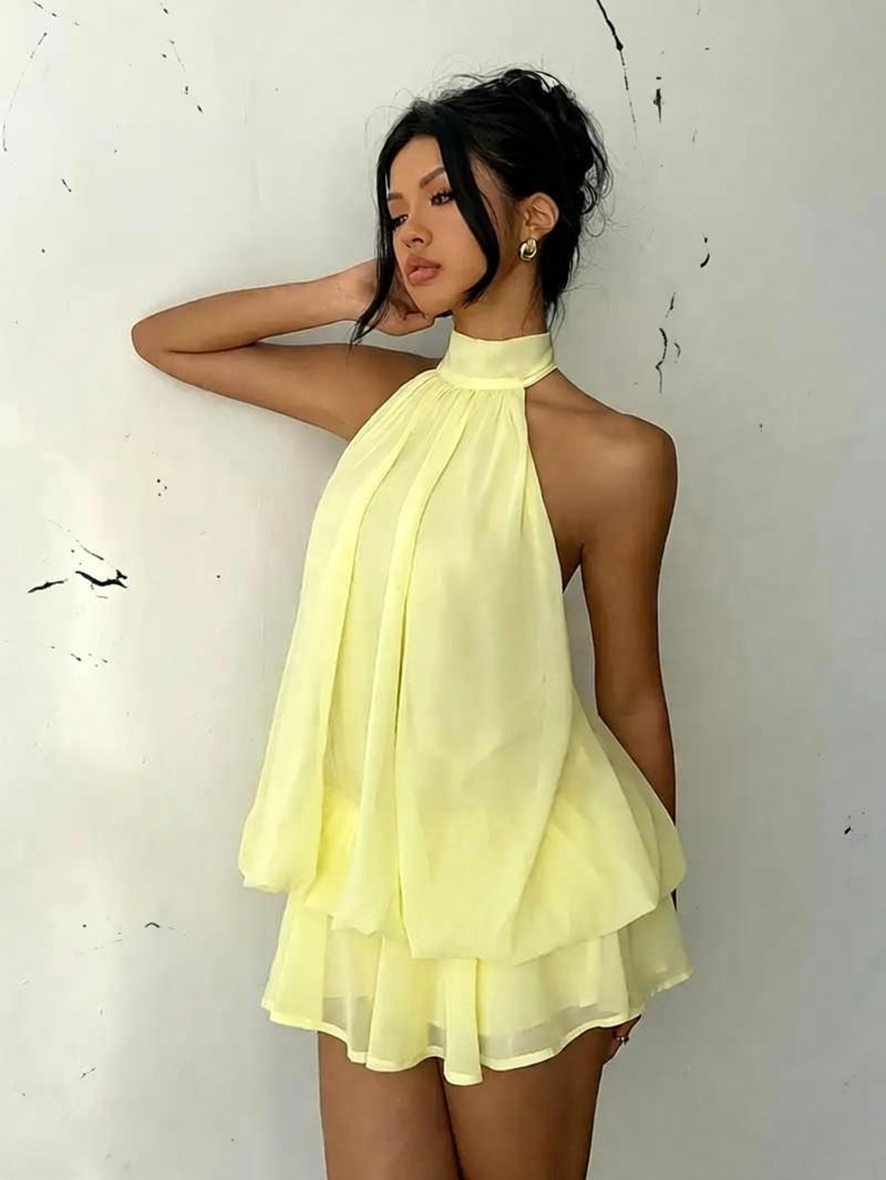 Sexy Mesh Halter Neck Tea Break Dress For Women Summer Beach Vacation Stylish Hot Girl Party Dress_ecoleips.com
