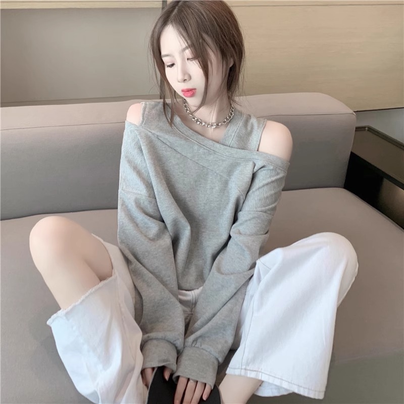 港风假两件拼接卫衣女士2025春秋新款简约设计感露肩宽松休闲上衣|undefined