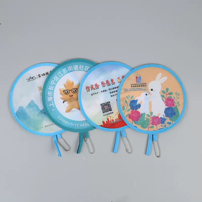 尼龙钢丝飞盘圆扇 卡通复古掌中扇diy涤纶古风宣传折叠广告扇批发