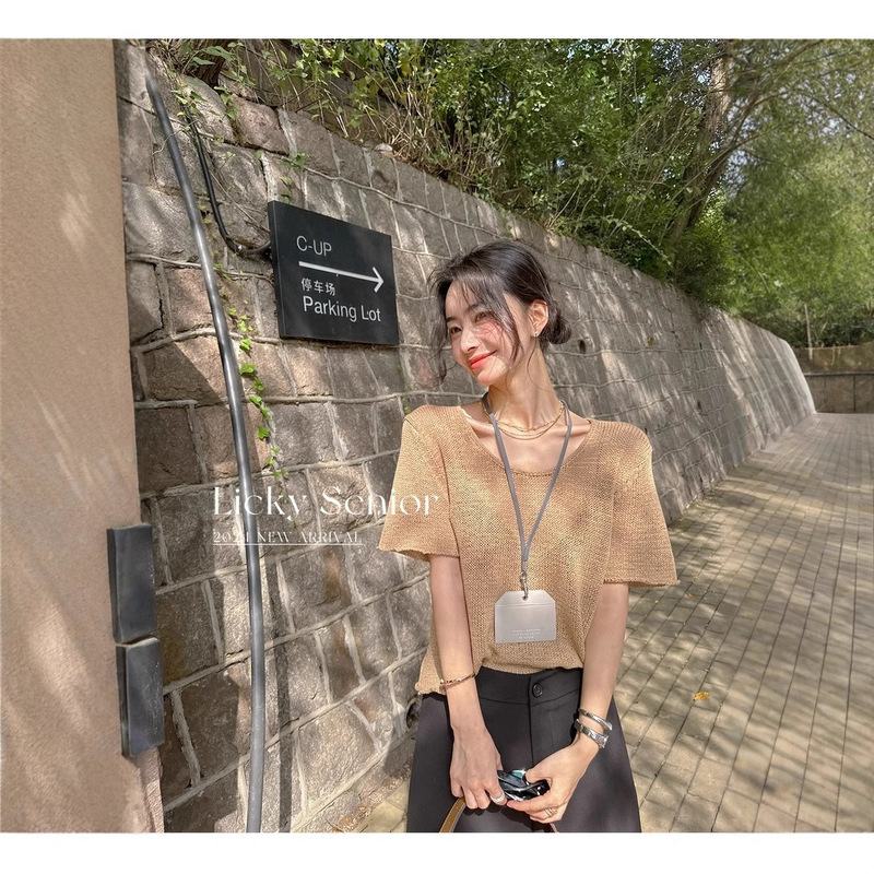 Lickysenior Summer Strap Yarn Knitwear Women's Loose Mesh Cut Out Breathable Short-Sleeved Casual T-Shirt Top