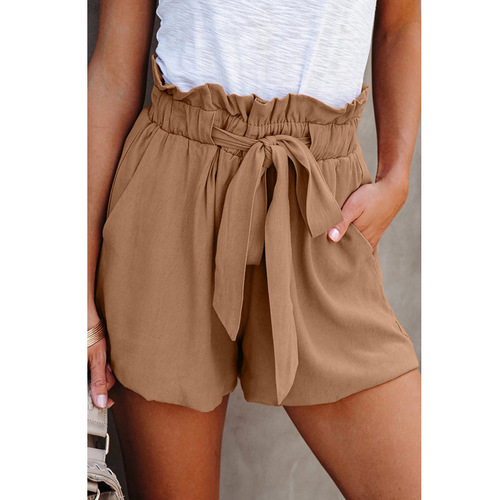 Amazon new elastic waist lace pure color casual pants women's European and American loose high-waist simple shorts, wide-leg pants